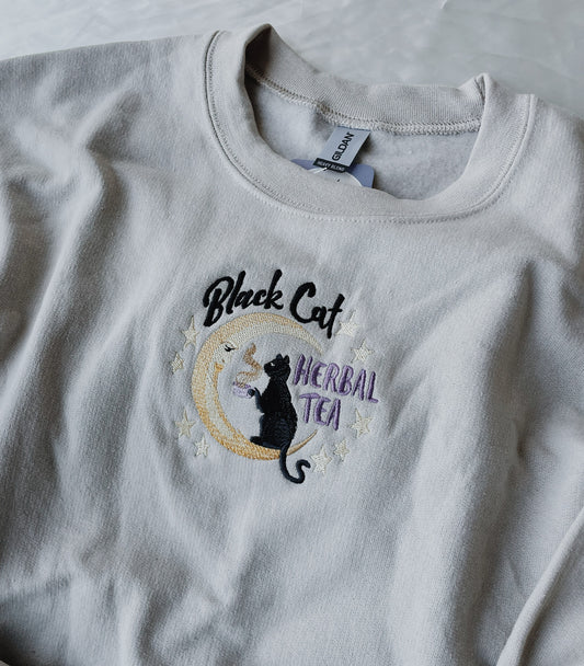 Embroidered Herbal Tea Black Cat Sweatshirt