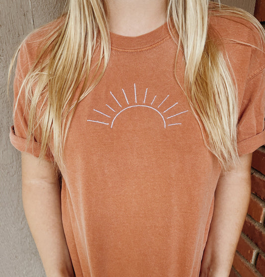 Embroidered Sun T-Shirt l Comfort Colors Minimalist Summer Sun T-Shirt